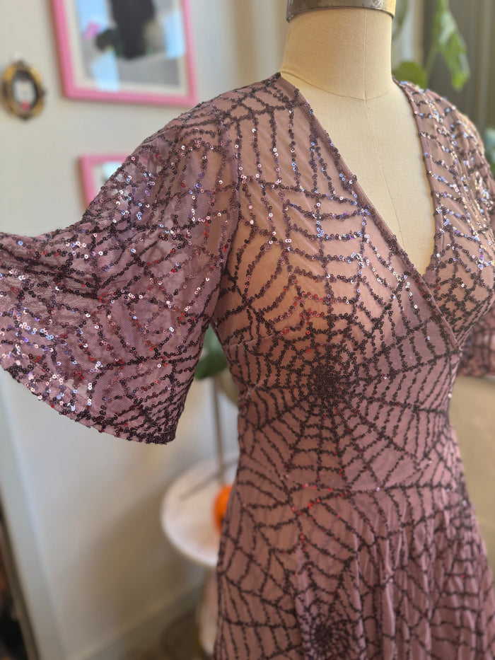 Lydia Dress in Mauve Sequin Spiderwebs