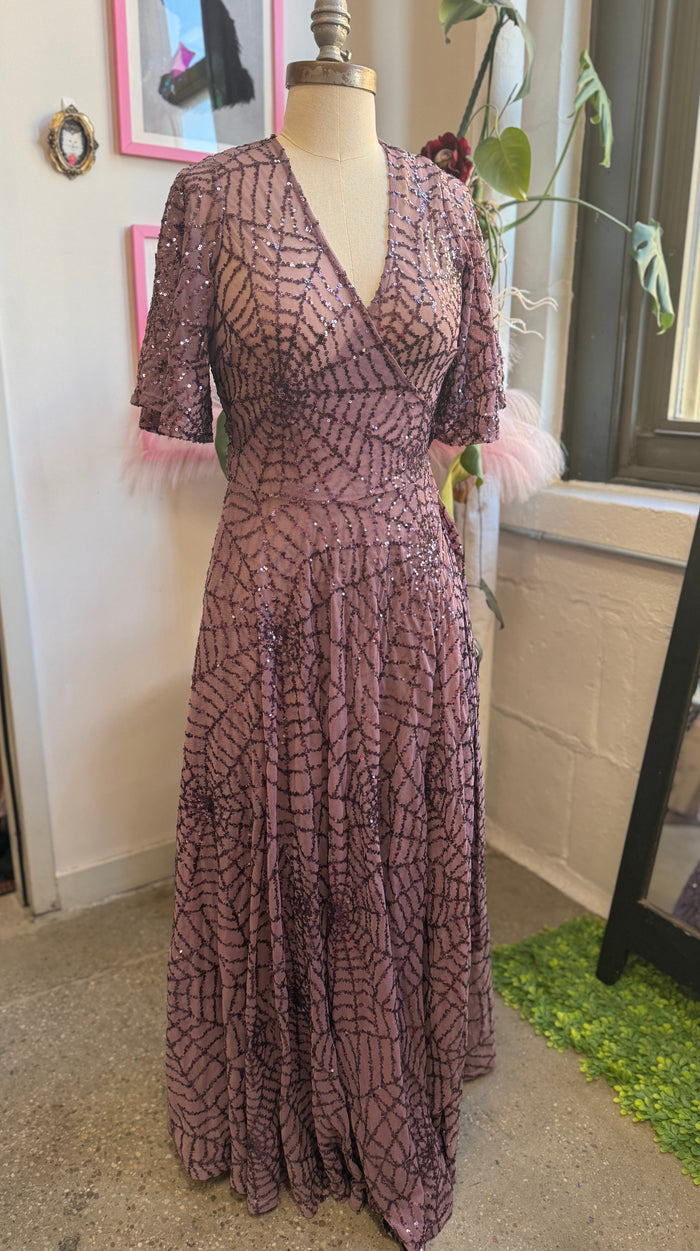 Lydia Dress in Mauve Sequin Spiderwebs