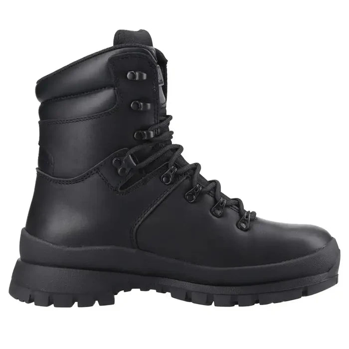 Black leather police boot with rugged sole and secure lacing system  from  John Bull Clothing