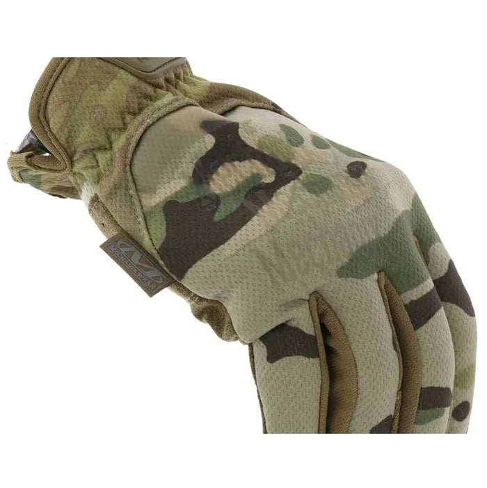Close-up of Mechanix Fastfit Tactical Multicam Gloves highlighting breathable TrekDry fabric and camouflage design for field flexibility.  from  John Bull Clothing