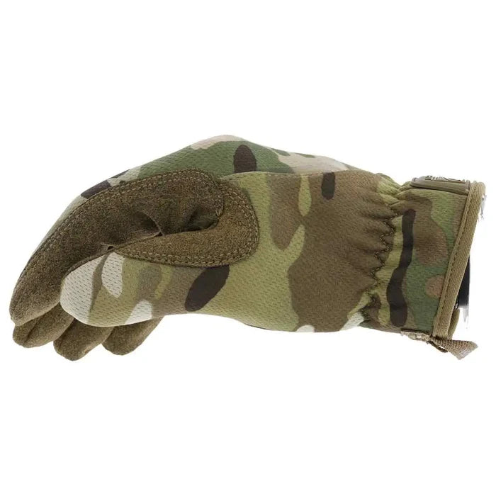 Side profile of Mechanix Fastfit Tactical Multicam Gloves showing ergonomic fit and elastic cuff for easy on/off use in tactical settings.  from  John Bull Clothing
