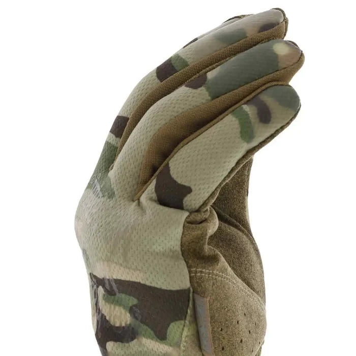Angled view of Mechanix Fastfit Tactical Multicam Gloves displaying finger articulation and durable construction for professional use.  from  John Bull Clothing