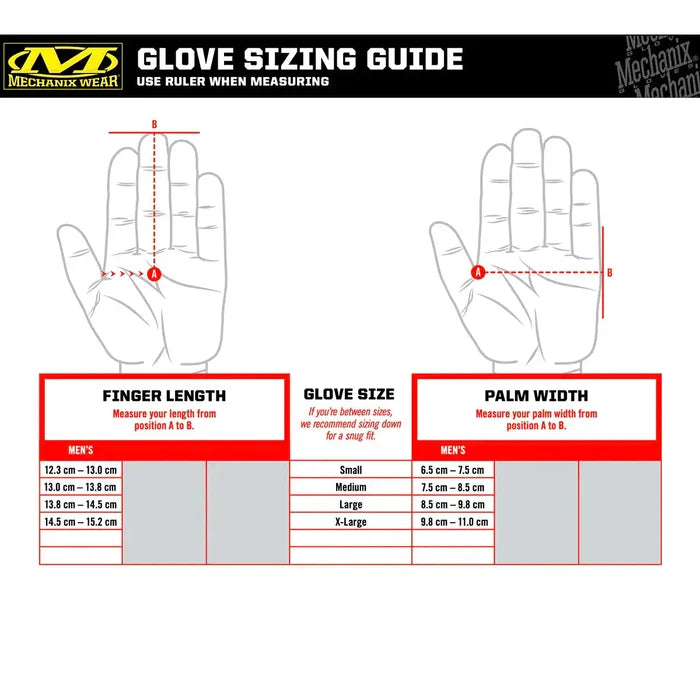 Mechanix glove sizing guide chart with hand measurements for accurate fit selection in tactical and industrial glove categories.  from  John Bull Clothing