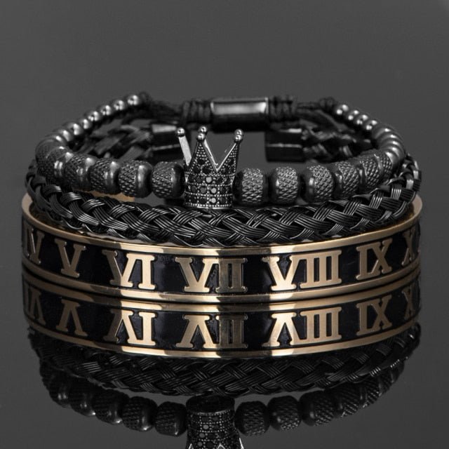 Antonios Crown Bracelet Set Men - AntoniosClothing - Gold black Set E