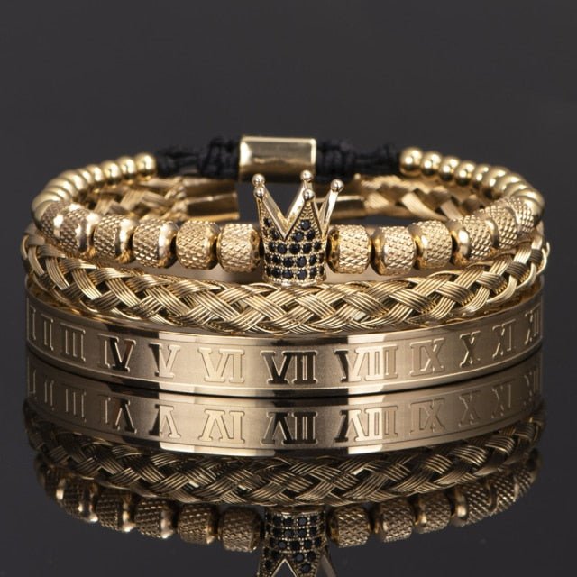 Antonios Crown Bracelet Set Men - AntoniosClothing - Gold Set