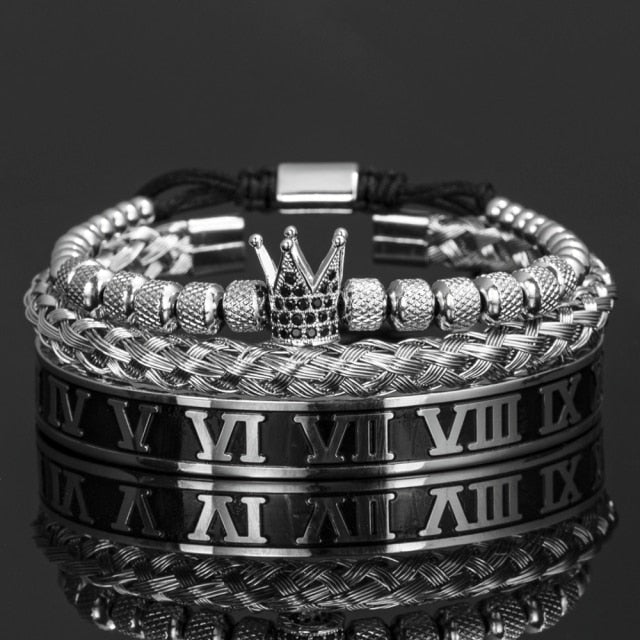 Antonios Crown Bracelet Set Men - AntoniosClothing - Silver Set E