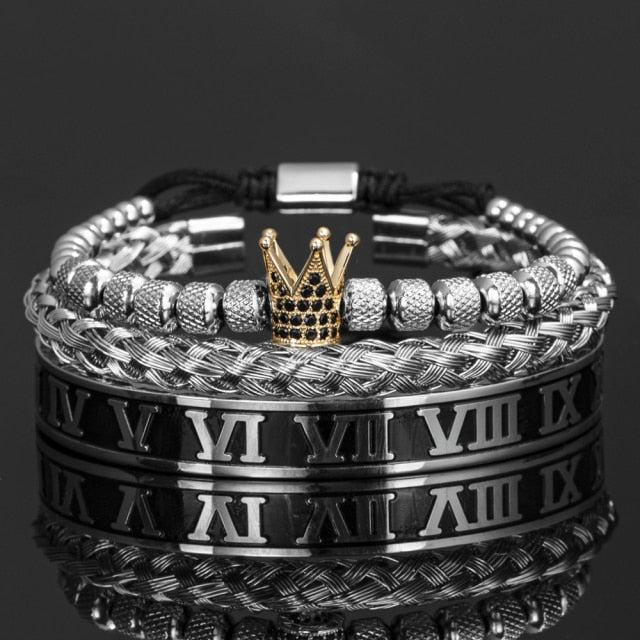 Antonios Crown Bracelet Set Men - AntoniosClothing - Silver Gold Set E