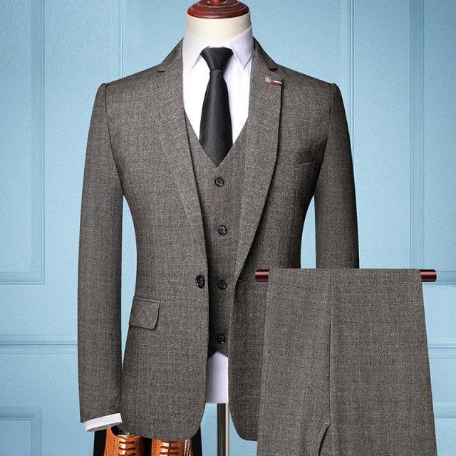 Gentleman Business 3 piece Suit (blazer+vest+pants) - AntoniosClothing - Dark Brown
