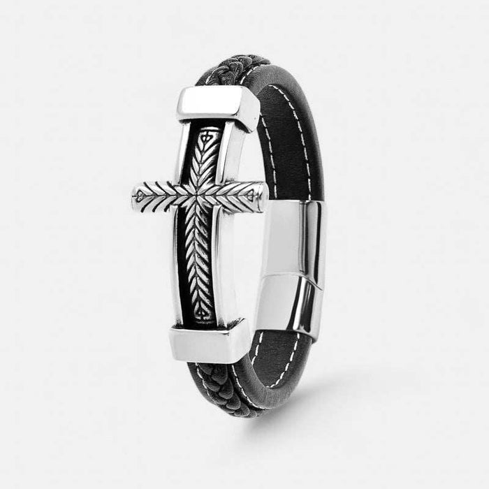 Cross stainless steel leather bracelet - AntoniosClothing - Blue