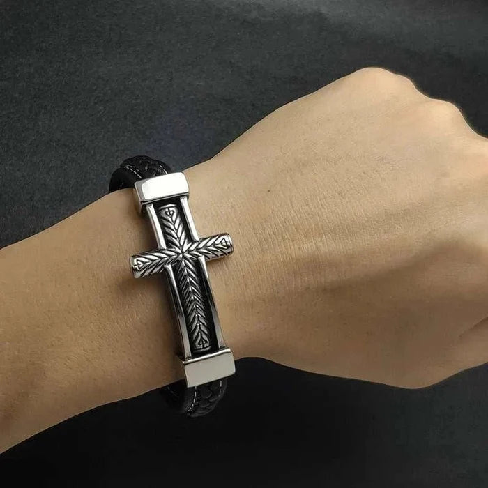 Cross stainless steel leather bracelet - AntoniosClothing - Blue