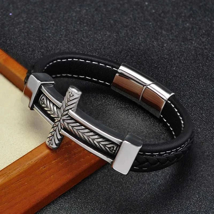 Cross stainless steel leather bracelet - AntoniosClothing - Blue
