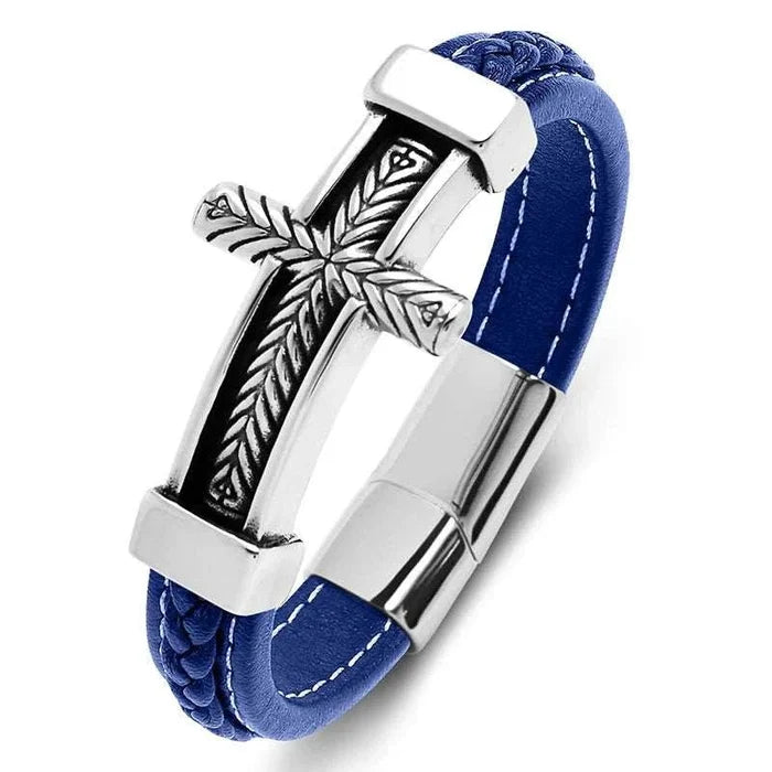 Cross stainless steel leather bracelet - AntoniosClothing - Blue