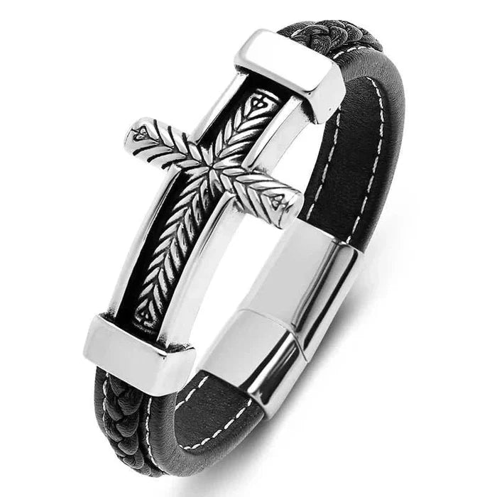 Cross stainless steel leather bracelet - AntoniosClothing - Black