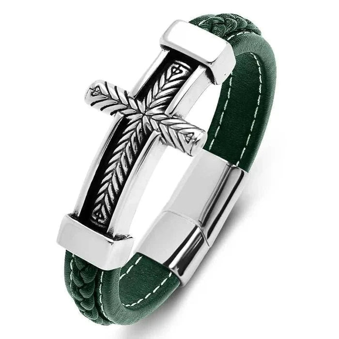 Cross stainless steel leather bracelet - AntoniosClothing - Green