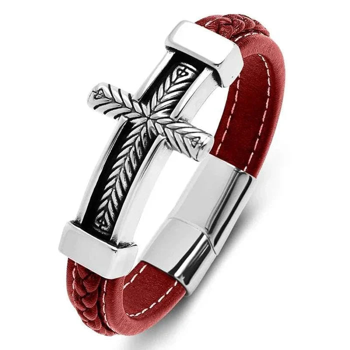 Cross stainless steel leather bracelet - AntoniosClothing - Red