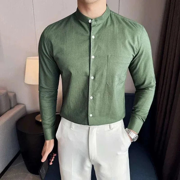 Linen smart casual long-sleeve shirt - AntoniosClothing - Army green