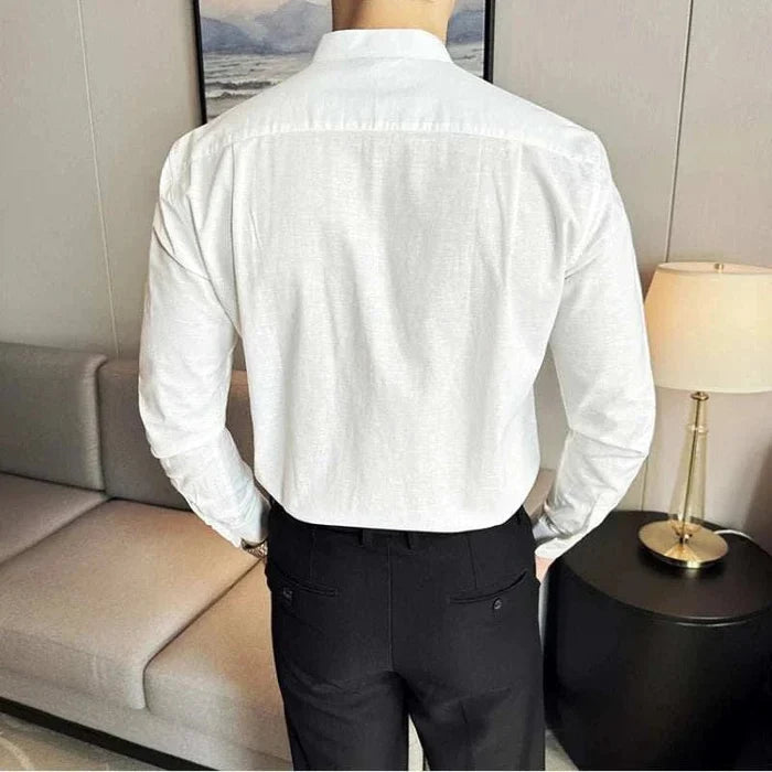 Linen smart casual long-sleeve shirt - AntoniosClothing - Army green