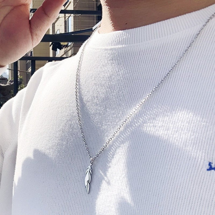 Antonios Minimalist Stainless Steel Necklace Men - AntoniosClothing - Silver feather