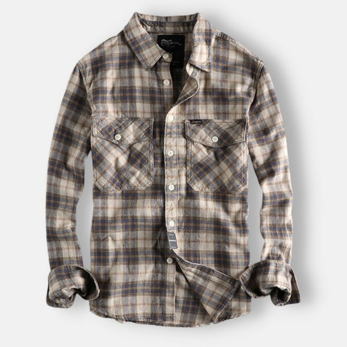 Antonios Retro Plaid Long Sleeve Shirt Men - AntoniosClothing - Khaki