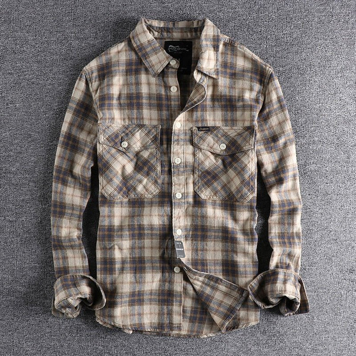 Antonios Retro Plaid Long Sleeve Shirt Men - AntoniosClothing - Khaki