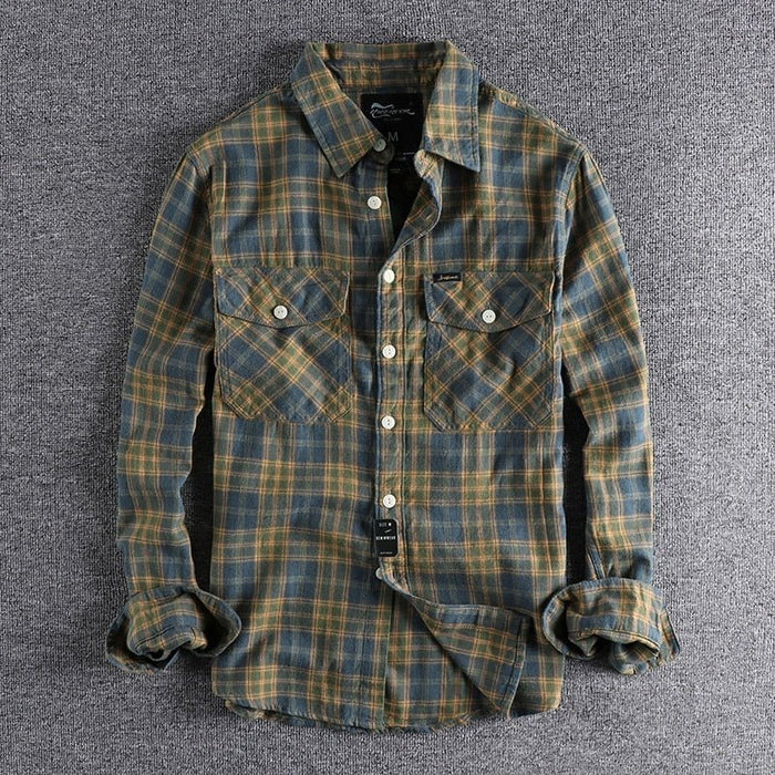 Antonios Retro Plaid Long Sleeve Shirt Men - AntoniosClothing - Yellow