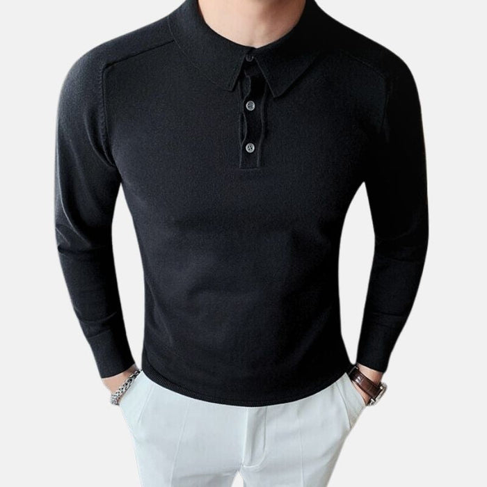 Antonios Casual Slim Long Sleeved Polo T-Shirt Men - AntoniosClothing - Black