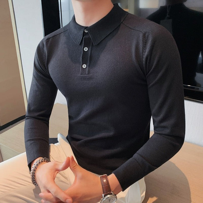 Antonios Casual Slim Long Sleeved Polo T-Shirt Men - AntoniosClothing - Black