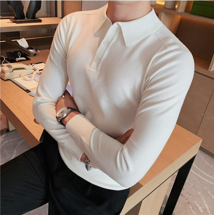 Antonios Casual Slim Long Sleeved Polo T-Shirt Men - AntoniosClothing - White