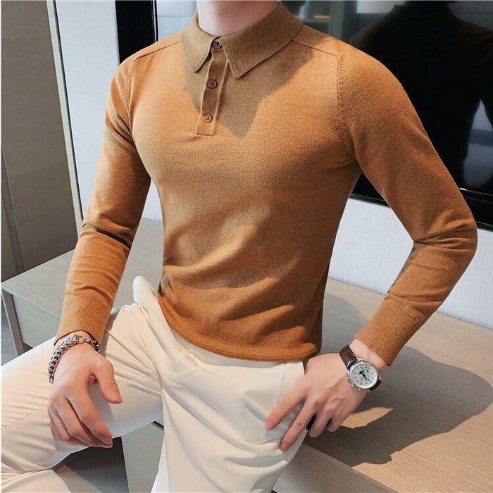 Antonios Casual Slim Long Sleeved Polo T-Shirt Men - AntoniosClothing - Light brown