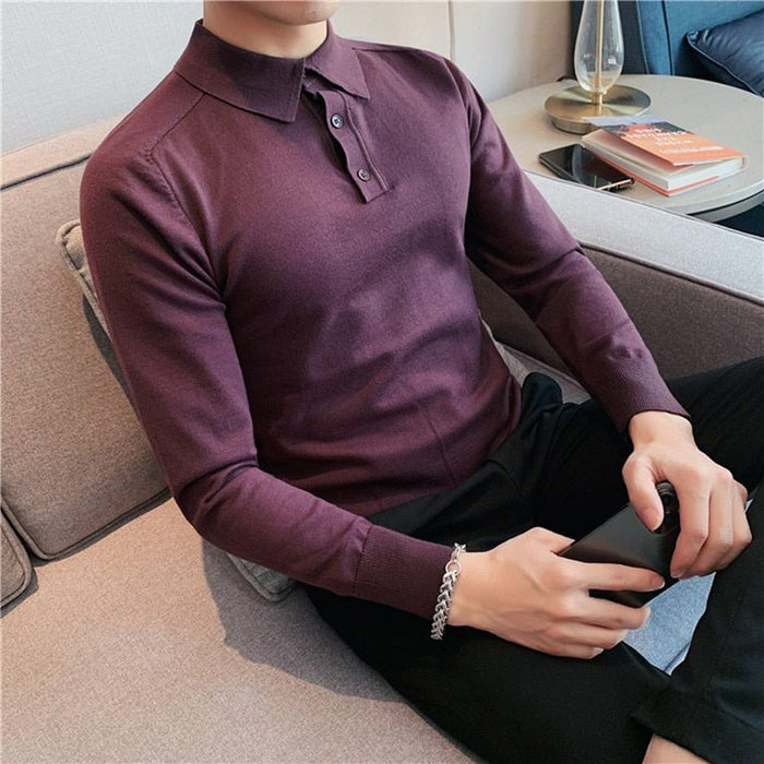 Antonios Casual Slim Long Sleeved Polo T-Shirt Men - AntoniosClothing - Dark brown