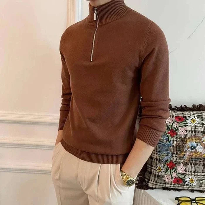Stand collar zipper sweater - AntoniosClothing - Brown