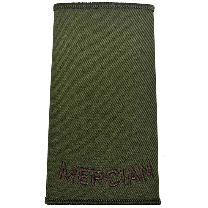 Olive green Mercian Regiment rank slide with brown embroidered text, made from durable Cordura fabric for military uniform use. Private from  John Bull Clothing