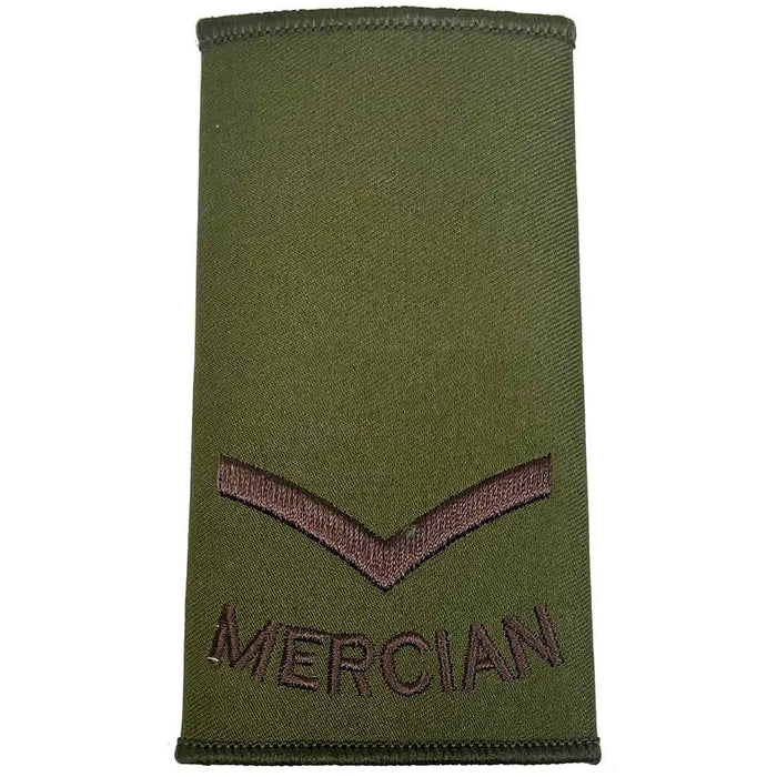 Mercian Regiment olive green rank slide with single chevron and brown embroidery, suitable for Lance Corporal rank in military uniforms. Lance Corporal from  John Bull Clothing