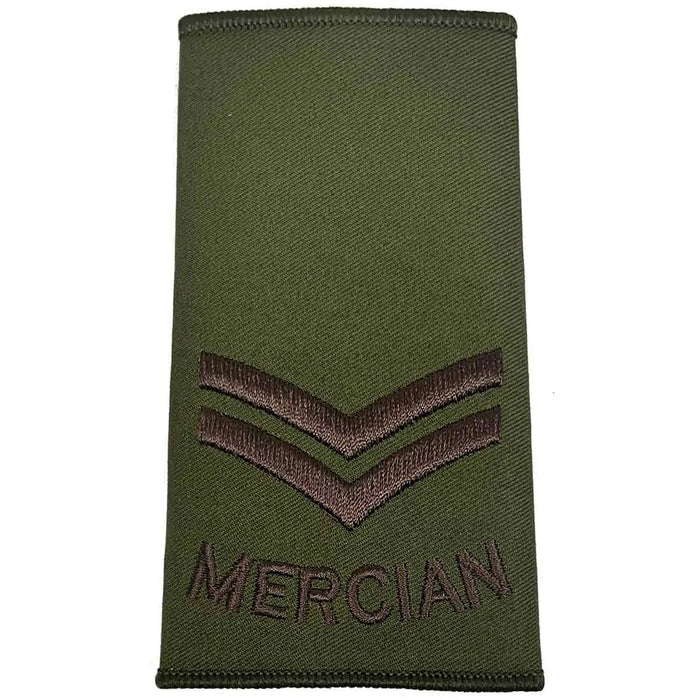 Double chevron Mercian Regiment rank slide in olive green Cordura, representing Corporal rank with brown embroidered insignia. Corporal from  John Bull Clothing