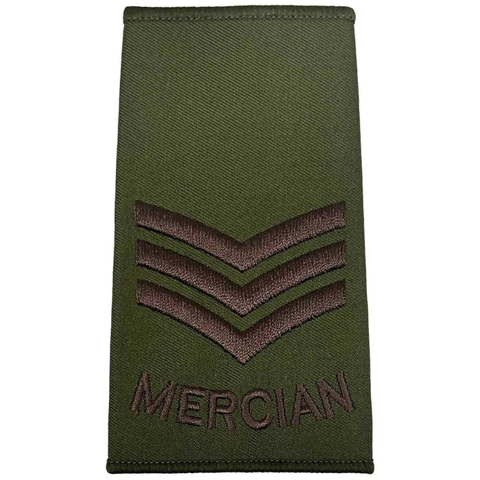 Triple chevron Mercian Regiment rank slide in olive green, denoting Sergeant rank with brown embroidery for military uniforms. Sergeant from  John Bull Clothing