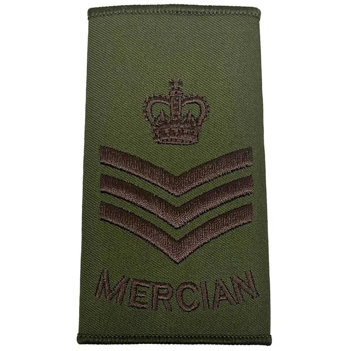 Olive green Mercian Regiment rank slide with crown and triple chevrons, indicating Staff Sergeant rank in military uniform apparel. Staff Sergeant from  John Bull Clothing