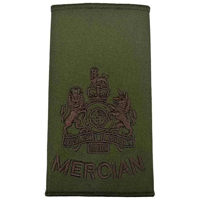 Mercian Regiment olive green rank slide with royal coat of arms embroidery, suitable for Warrant Officer Class 1 in military uniforms. WO1 from  John Bull Clothing