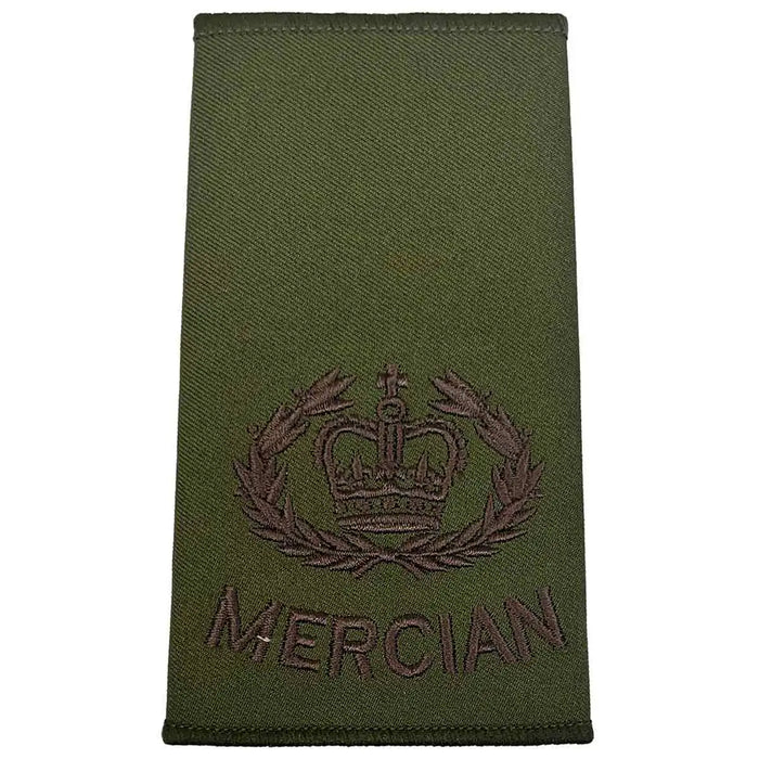 Olive green Mercian Regiment rank slide with crown and laurel embroidery, representing Warrant Officer Class 2 in military uniforms. WO2 RQMS - Crown & Laurel Wreath from  John Bull Clothing