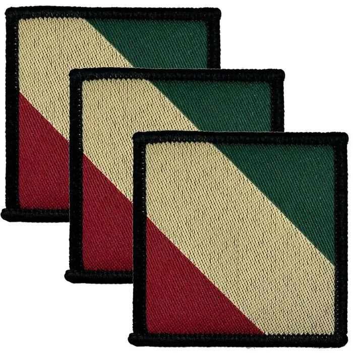 Set of three Mercian Regiment TRF patches with hook & loop backing, featuring green, cream, and red diagonal stripes. Ideal for military uniforms. 3 Pack from  John Bull Clothing