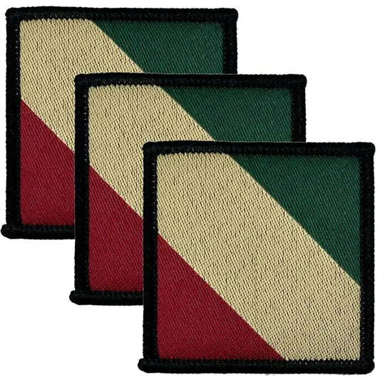 Set of three Mercian Regiment TRF iron on patches in red, cream, and green diagonal stripes, ideal for military uniforms from John Bull Clothing. 3 Pack from  John Bull Clothing