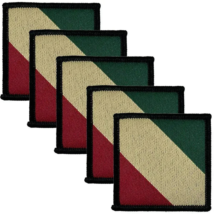 Pack of five Mercian Regiment TRF iron on patches featuring red, cream, and green stripes, regulation military uniform accessory from John Bull Clothing. 5 Pack from  John Bull Clothing