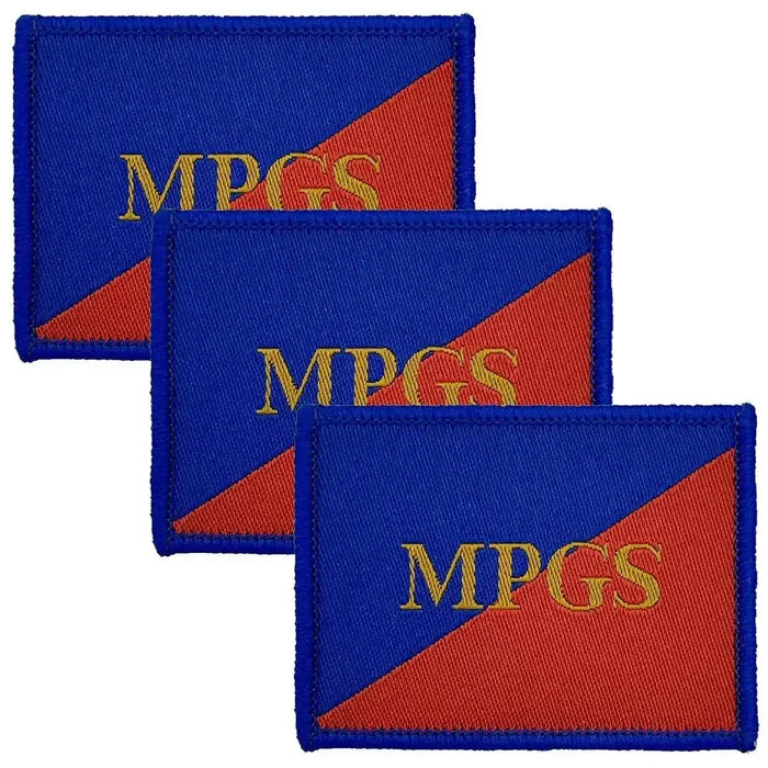 Set of three Military Provost MPGS TRF iron on patches in blue and red with gold lettering, ideal for military uniforms from John Bull Clothing. 3 Pack from  John Bull Clothing