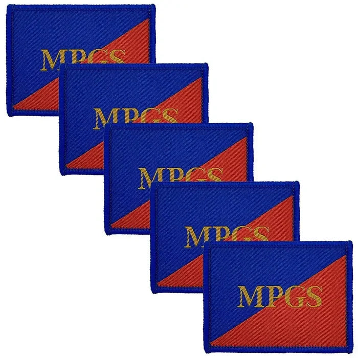 Pack of five Military Provost MPGS TRF iron on patches featuring blue and red background with MPGS in gold, suitable for military uniform use. 5 Pack from  John Bull Clothing