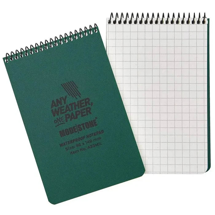 Modestone A6 Top Spiral Waterproof Notepad with 100 pages, featuring a durable green cover and grid-lined waterproof paper for all-weather writing. Green from  John Bull Clothing