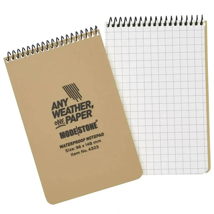 Modestone A6 top spiral waterproof notepad with 60 pages, featuring a tan cover and durable waterproof paper. Ideal for outdoor use in any weather.  from  John Bull Clothing