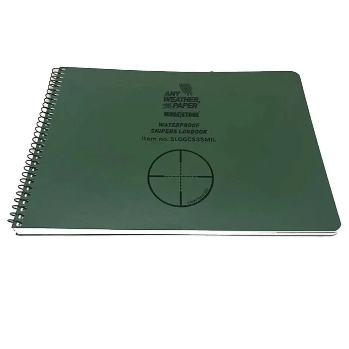 Modestone Snipers Waterproof Logbook A5 with a durable green cover, spiral binding, and waterproof pages for recording shooting data in any weather.  from  John Bull Clothing
