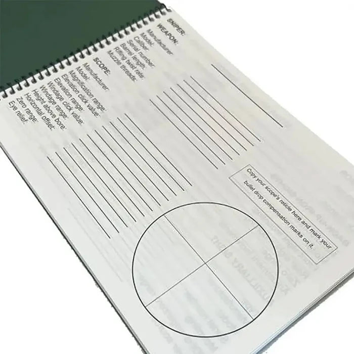 Open Modestone Snipers Waterproof Logbook A5 displaying lined pages with shooting data fields and a target diagram for precise record-keeping.  from  John Bull Clothing