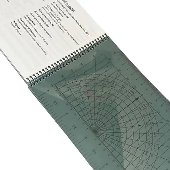 Modestone Snipers Waterproof Logbook A5 with a transparent overlay ruler and angular measurement chart for precise shooting calculations.  from  John Bull Clothing