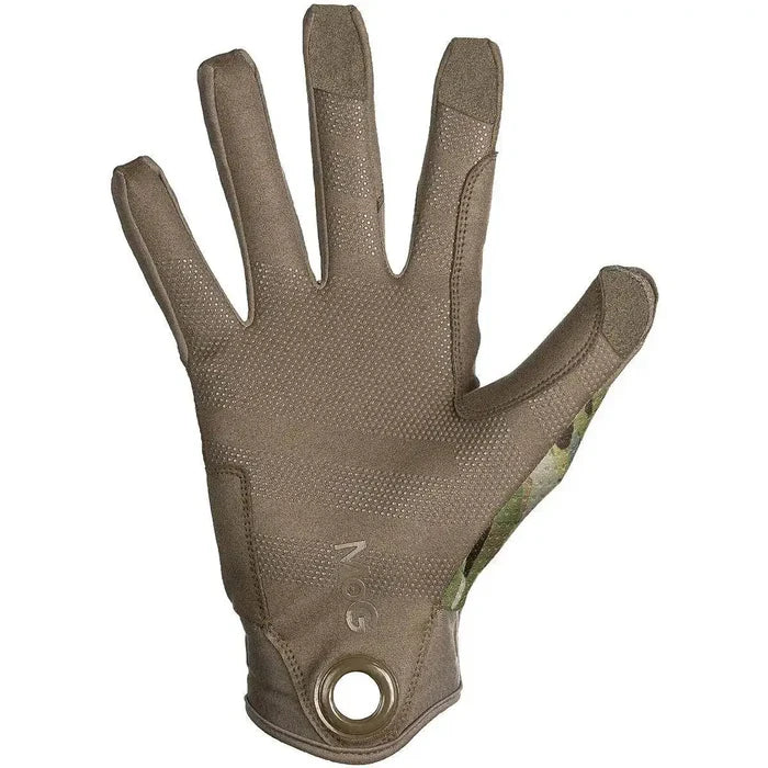 Palm view of MoG Target High Abrasion Ergoshield Gloves in Multicam with textured grip and pull loop for durability and secure handling in field operations.  from  John Bull Clothing