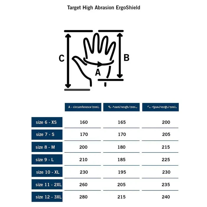 Size chart for MoG Target High Abrasion Ergoshield Gloves in Multicam with hand measurements for accurate fit selection in safety and tactical applications.  from  John Bull Clothing